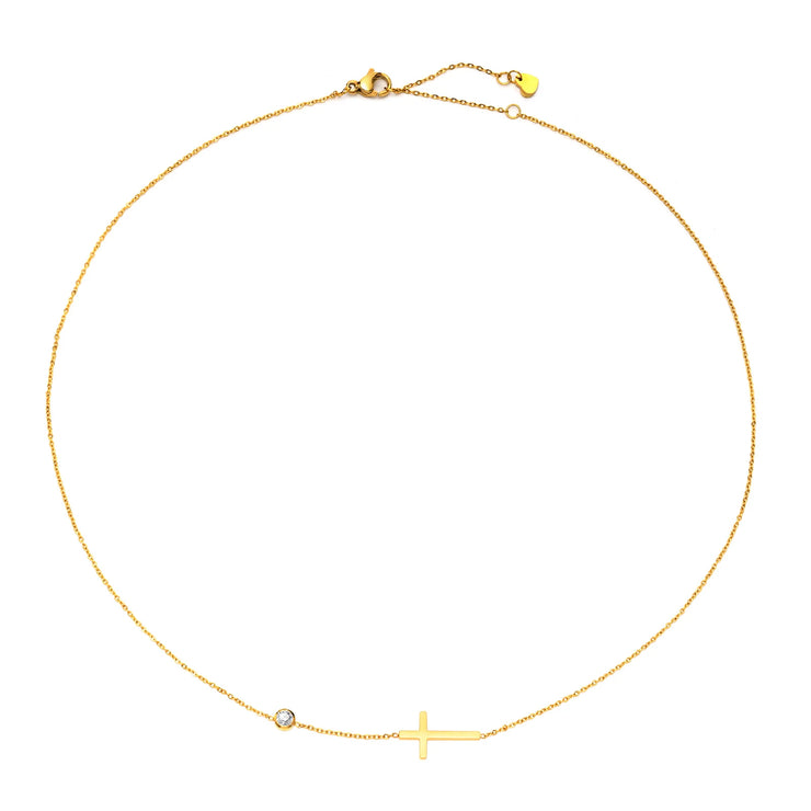 Delicate gold cross necklace with small gemstone accent by Fresh Faith Designs faith jewelry for women
