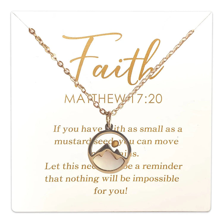 Faith jewelry for women by Fresh Faith Designs with mountain pendant on gold chain