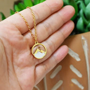 Gold necklace with mountain and sun pendant by Fresh Faith Designs faith jewelry for women