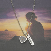 Fresh Faith Designs heart and faith charm necklace faith jewelry for women with sunset background