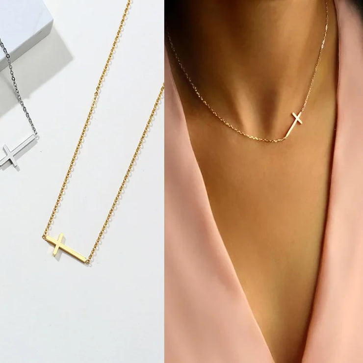Gold and silver cross necklaces from Fresh Faith Designs faith jewelry for women displayed and worn