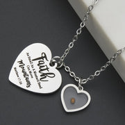 Fresh Faith Designs silver heart necklace with faith jewelry for women featuring Matthew 17:20 scripture charm