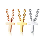 Faith jewelry for women featuring three cross pendant necklaces in rose gold, yellow gold, and silver