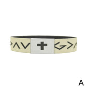 Fresh Faith Designs NFC religious jewelry bracelet with black cross and patterned beige band
