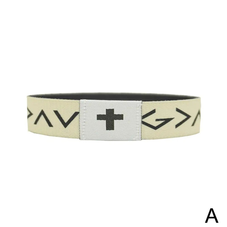 Fresh Faith Designs NFC religious jewelry bracelet with black cross and patterned beige band