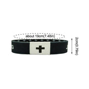 Fresh Faith Designs black NFC religious jewelry bracelet with cross symbol and dimensions 19cm by 2cm