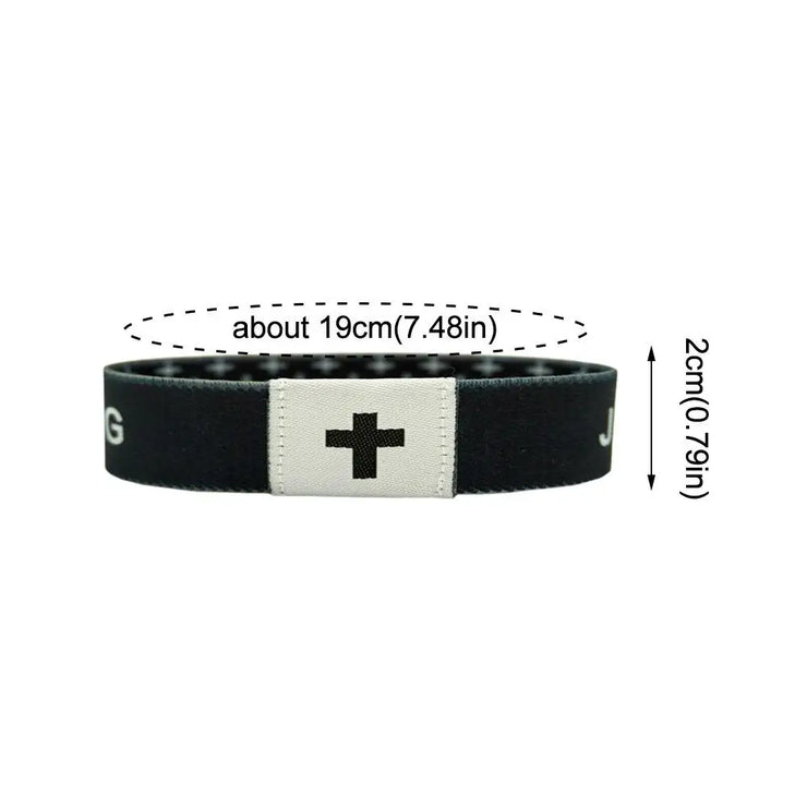 Fresh Faith Designs black NFC religious jewelry bracelet with cross symbol and dimensions 19cm by 2cm