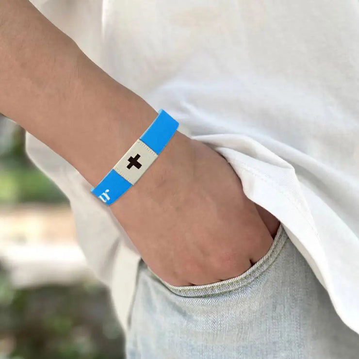 Fresh Faith Designs blue bracelet with cross detail featuring NFC religious jewelry technology