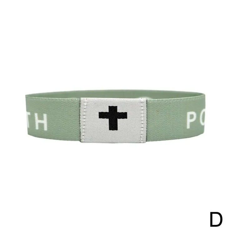 Fresh Faith Designs green fabric bracelet with black cross symbol NFC religious jewelry