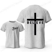 Gray t-shirt with Jesus text on front and black Believe cross design on back Christian casual wear for men