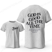 Grey t-shirt with Jesus text on front and God is good all the time scripture on back Christian casual wear for men