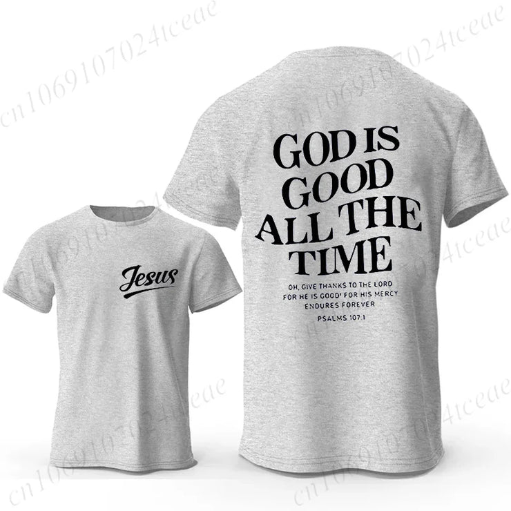 Grey t-shirt with Jesus text on front and God is good all the time scripture on back Christian casual wear for men