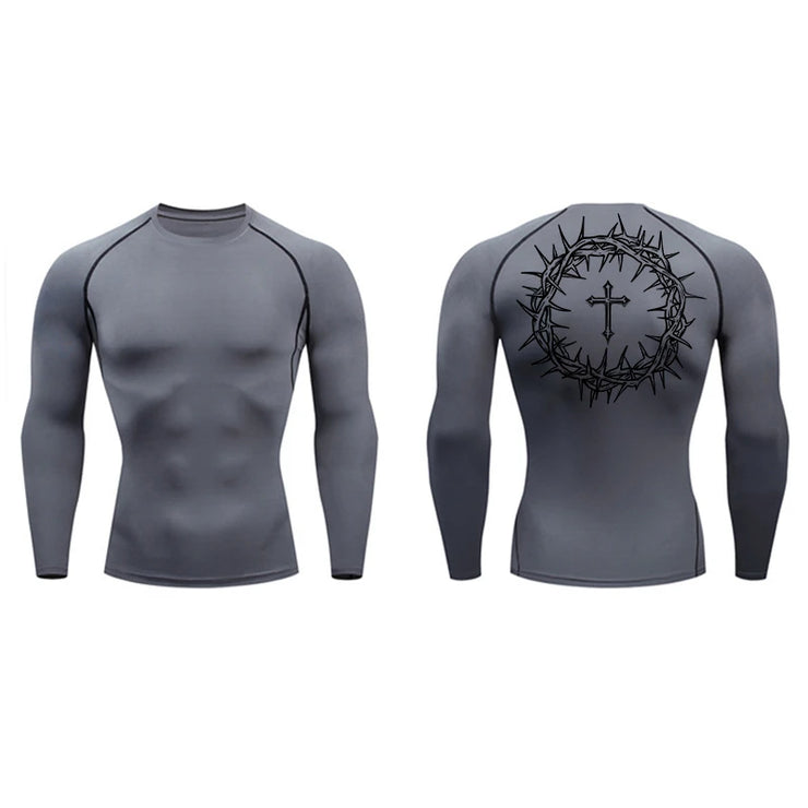 Gray faith-based compression shirt with long sleeves and crown of thorns cross design on back