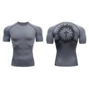 Gray faith-based compression shirt with short sleeves and black crown of thorns and cross design on the back