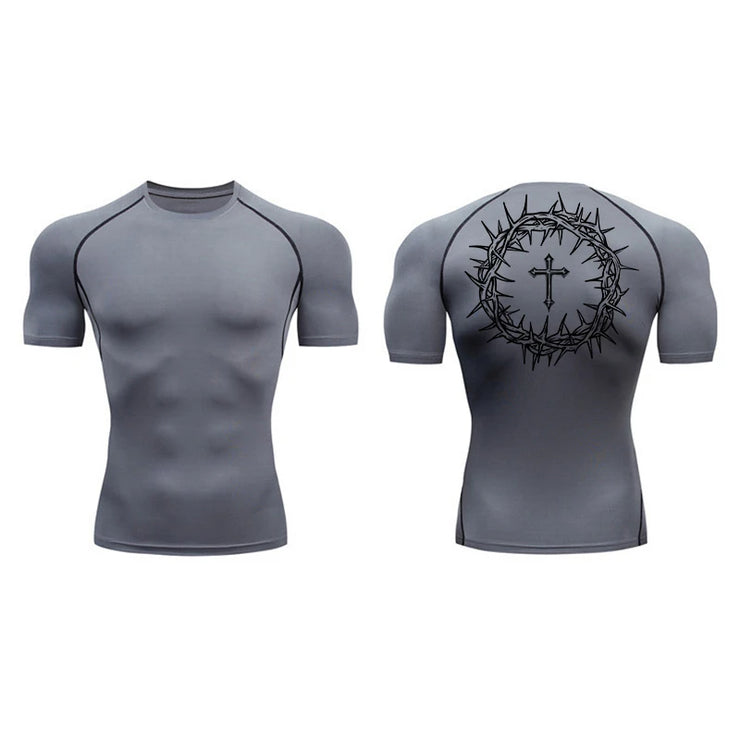 Gray faith-based compression shirt with short sleeves and black crown of thorns and cross design on the back
