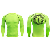 Bright green faith-based compression shirt with long sleeves and black crown of thorns cross design on back