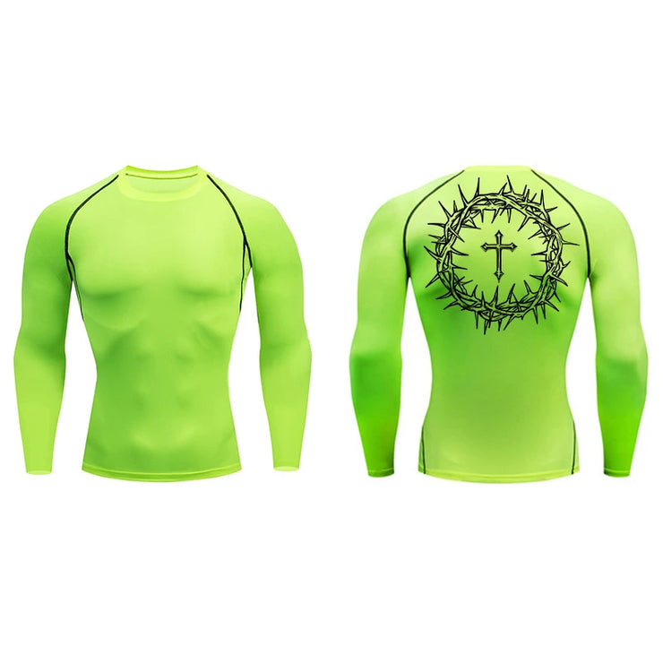 Bright green faith-based compression shirt with long sleeves and black crown of thorns cross design on back