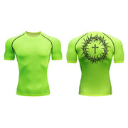 Bright green faith-based compression shirt with black crown of thorns and cross design on back