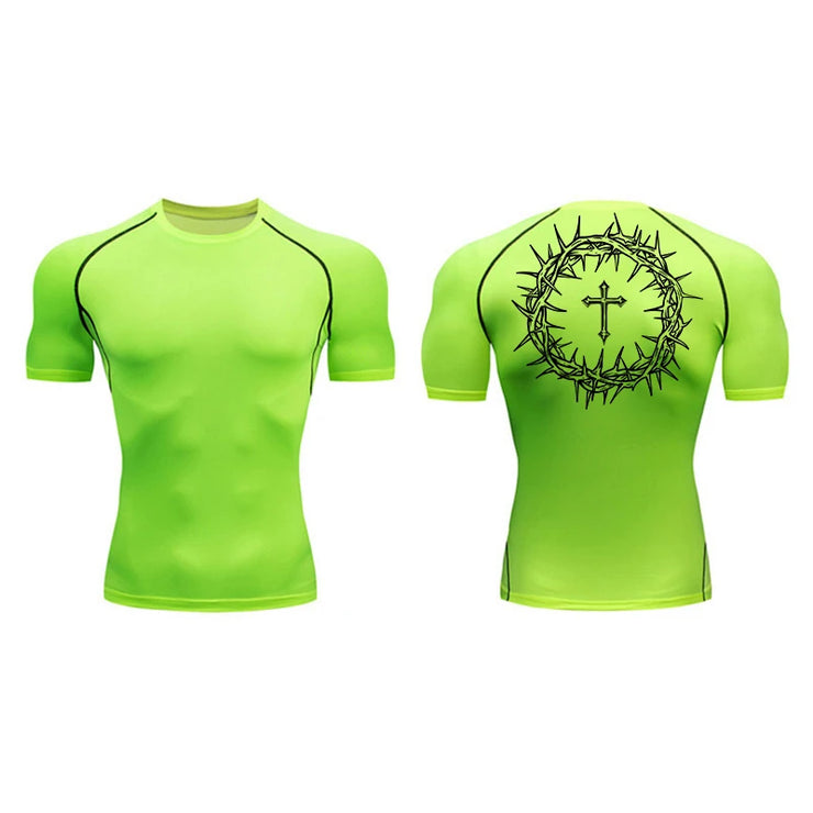 Bright green faith-based compression shirt with black crown of thorns and cross design on back