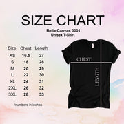 Fresh Faith Designs Bella Canvas 3001 unisex Jesus Loves Me T-Shirt size chart with chest and length measurements