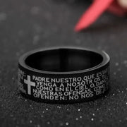 Black ring engraved with a prayer in Spanish by Fresh Faith Designs faith inspired jewelry for men