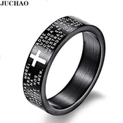 Black stainless steel ring with white cross and engraved prayer text Faith Inspired Jewelry for Men