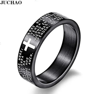Black stainless steel ring with white cross and engraved prayer text Faith Inspired Jewelry for Men