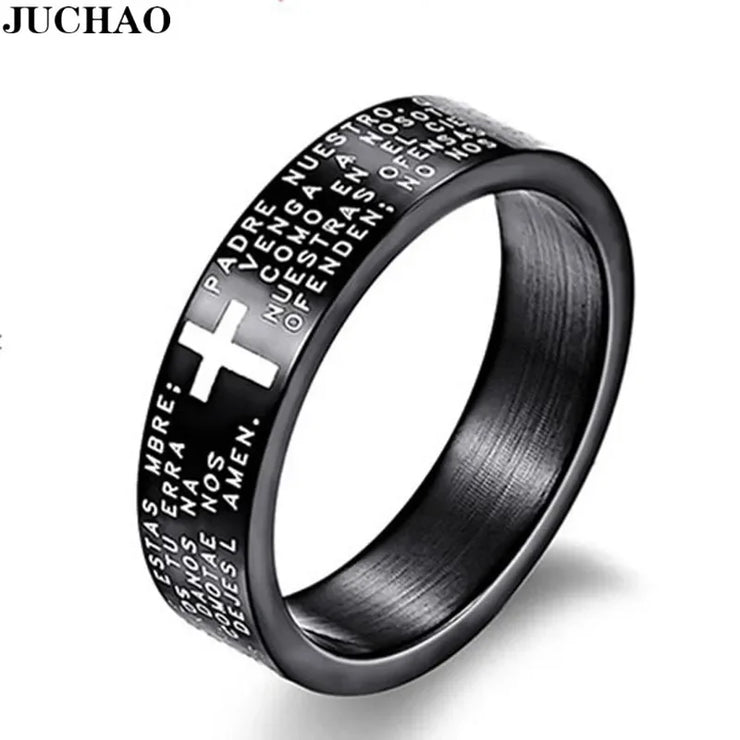 Black stainless steel ring with white cross and engraved prayer text Faith Inspired Jewelry for Men