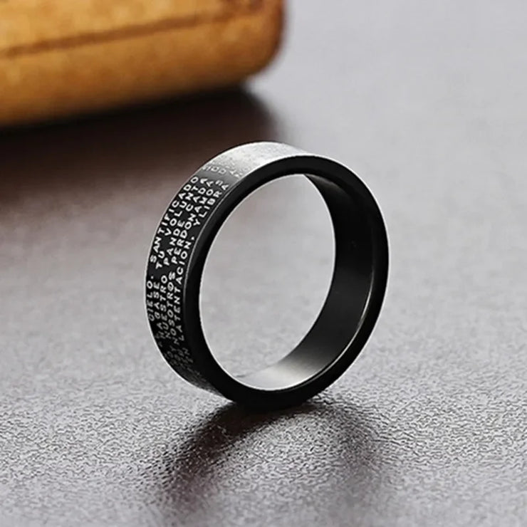 Black ring with engraved faith symbols from Fresh Faith Designs Faith Inspired Jewelry for Men