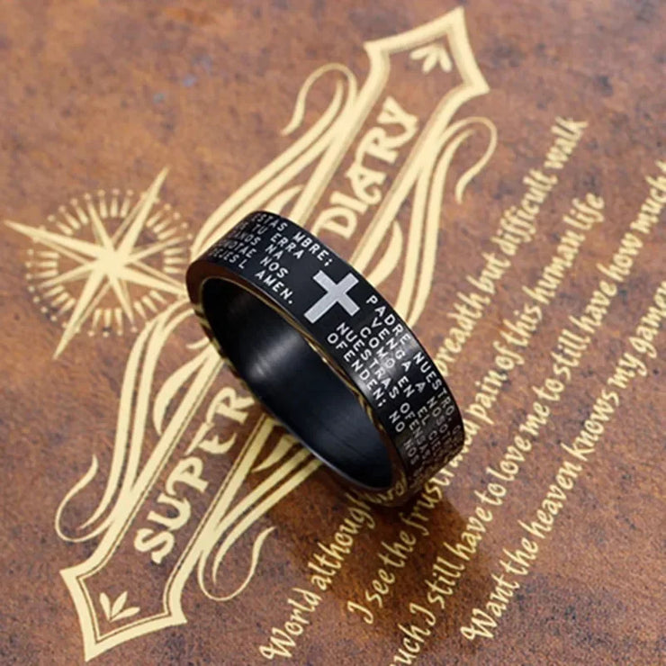 Black ring with engraved cross and text Faith Inspired Jewelry for Men by Fresh Faith Designs