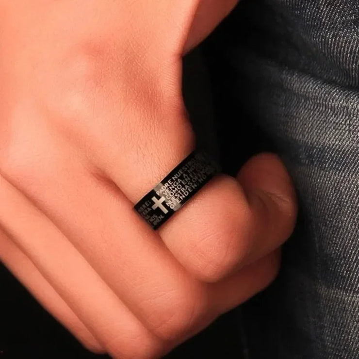 Black stainless steel ring from Fresh Faith Designs featuring engraved cross and text faith inspired jewelry for men