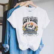 Fresh Faith Designs white ladies religious graphic tees with Don’t Worry About Tomorrow mountain print