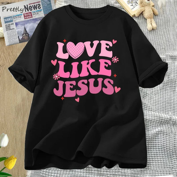 Black Love Like Jesus graphic tee by Fresh Faith Designs with pink heart and flower print