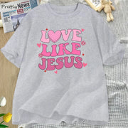Fresh Faith Designs Love Like Jesus graphic tee in gray with pink heart and flower design