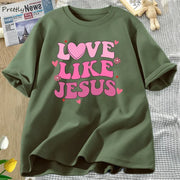Fresh Faith Designs olive green Love Like Jesus graphic tee with pink heart and flower print