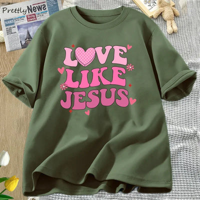 Fresh Faith Designs olive green Love Like Jesus graphic tee with pink heart and flower print