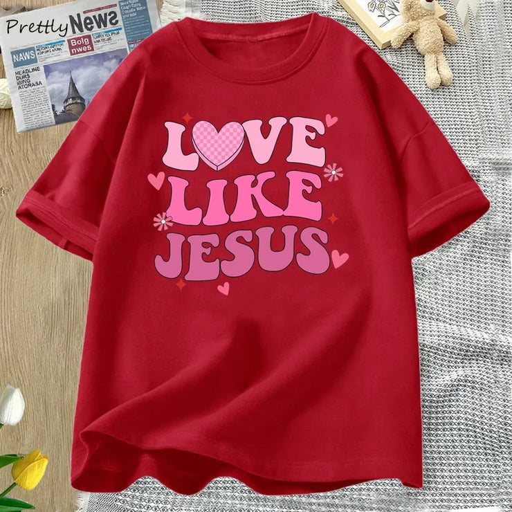 Fresh Faith Designs Love Like Jesus graphic tee in red with pink heart and text design