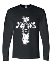 Fresh Faith Designs men's faith-based long sleeve shirt with white lion cross graphic on black fabric