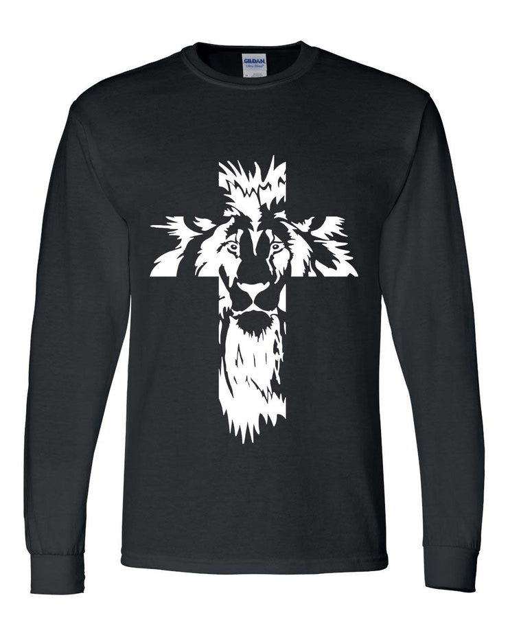 Fresh Faith Designs men's faith-based long sleeve shirt with white lion cross graphic on black fabric