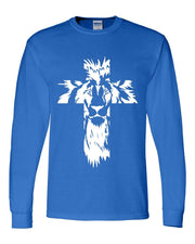 Men's faith-based long sleeve shirt in blue with a white lion and cross graphic design