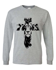 Gray men's faith-based long sleeve shirt with black lion and cross graphic design