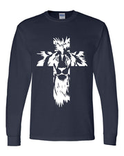 Men's faith-based long sleeve shirt in navy featuring a white lion cross graphic design