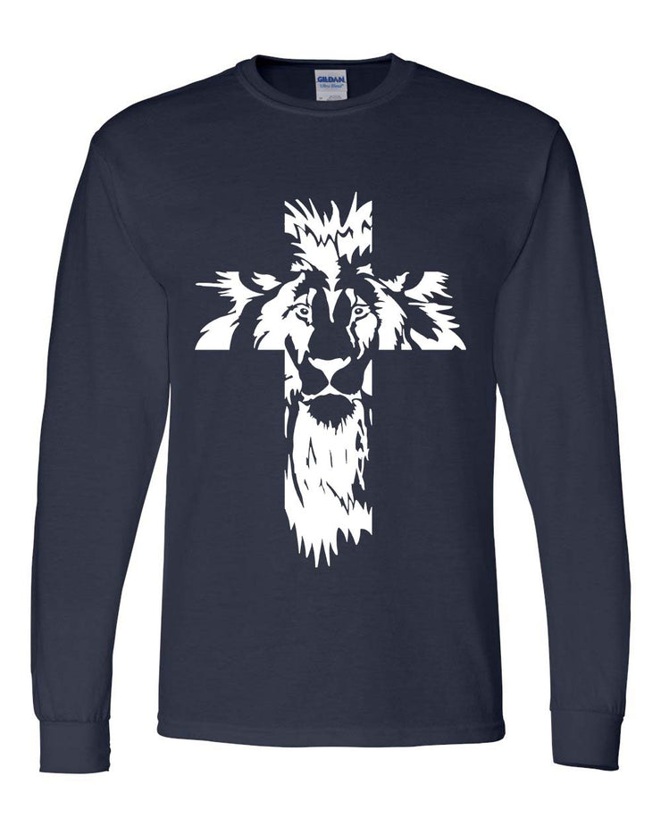 Men's faith-based long sleeve shirt in navy featuring a white lion cross graphic design