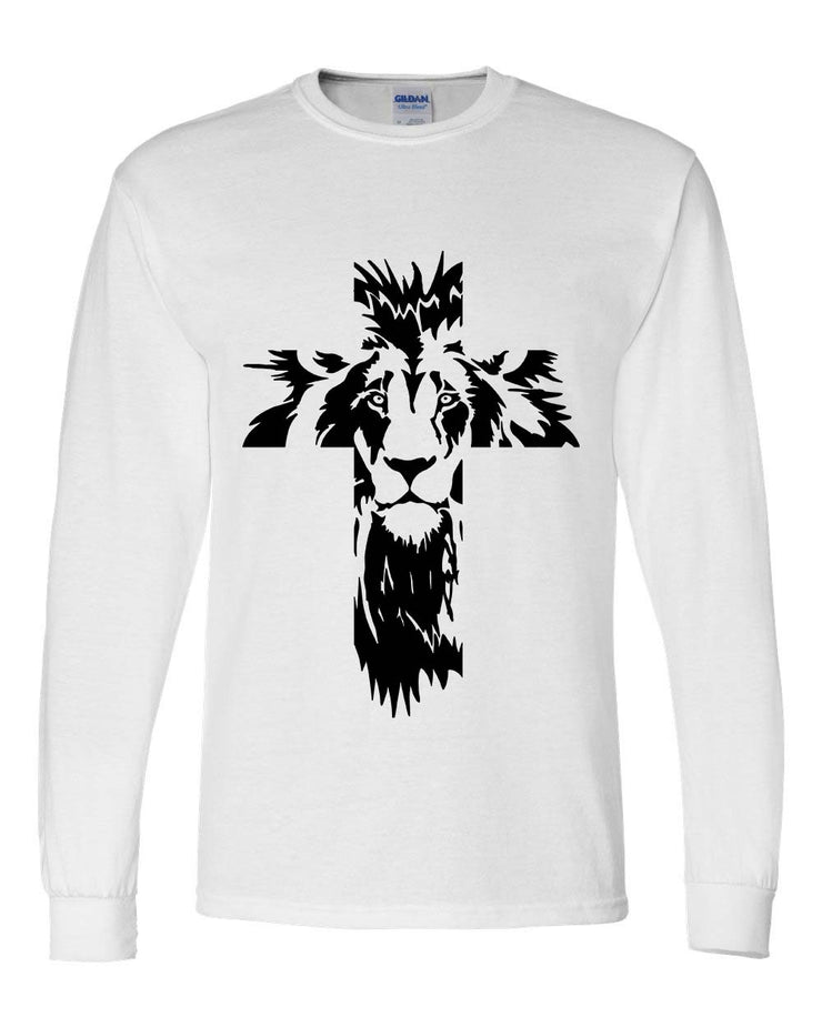 Men's faith-based long sleeve shirt white with black lion and cross graphic by Fresh Faith Designs
