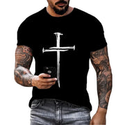 Men's Christian Cross T-shirt in black with silver cross design worn by tattooed man