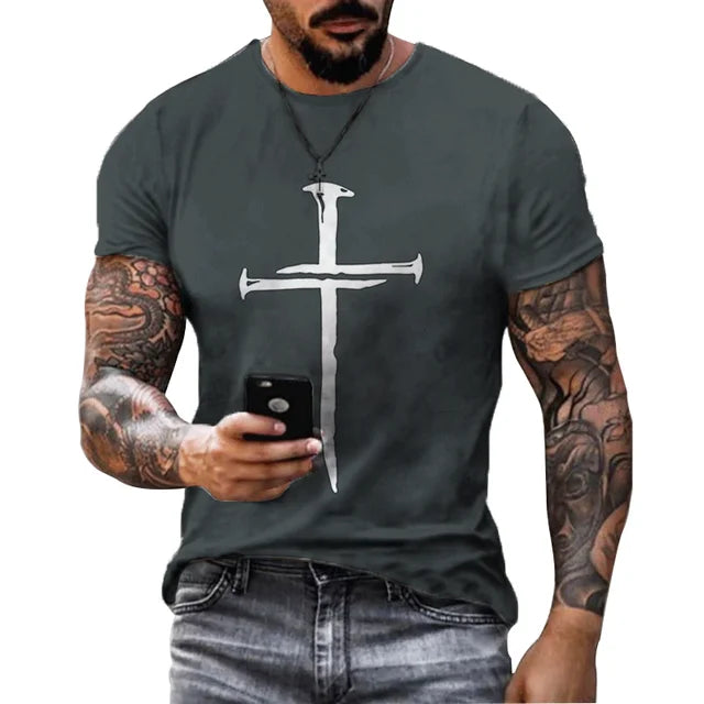 Men's Christian Cross T-shirt in dark gray with white nail cross design by Fresh Faith Designs