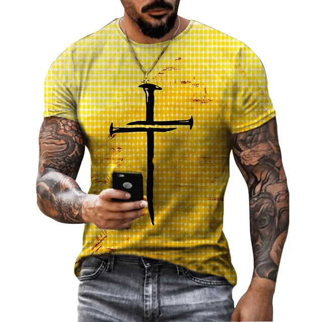 Men's Christian Cross T-shirt with yellow background and black cross design by Fresh Faith Designs