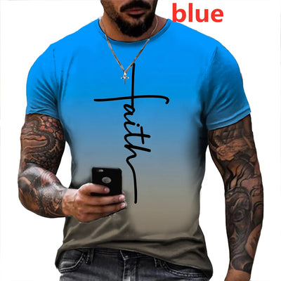 Blue men's religious apparel t-shirt with faith cross design and gradient color from Fresh Faith Designs