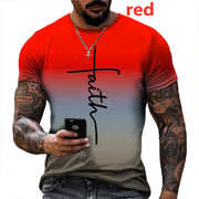 Fresh Faith Designs red men's religious apparel t-shirt with faith cross design and gradient colors