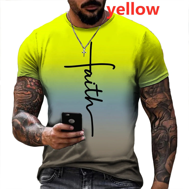 Yellow gradient men's religious apparel t-shirt with faith cross design by Fresh Faith Designs